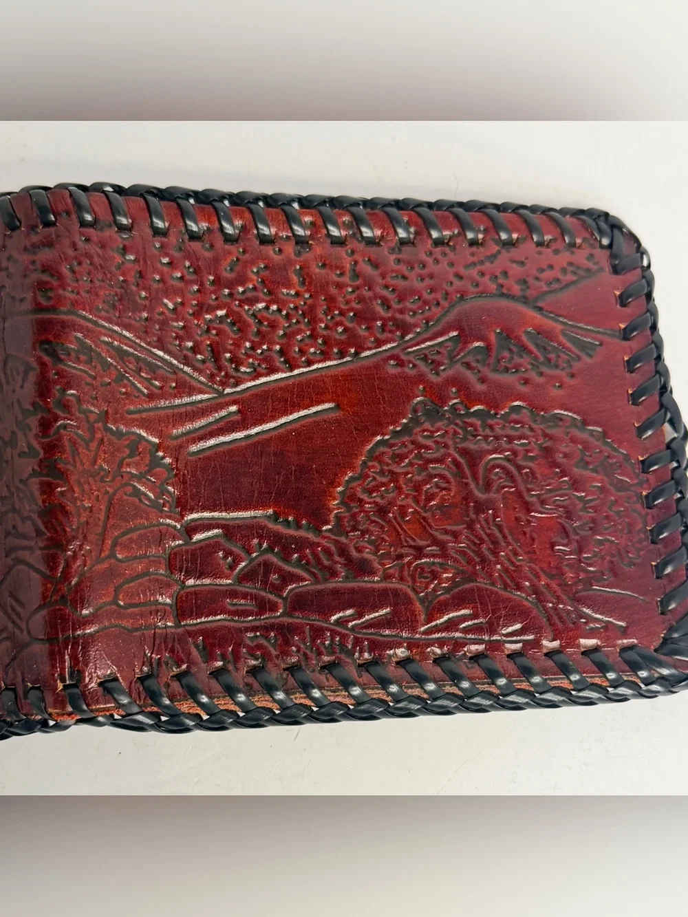 Vintage Tooled Leather Bifold Wallet Deer Eagle Mountain Western Hand Laced